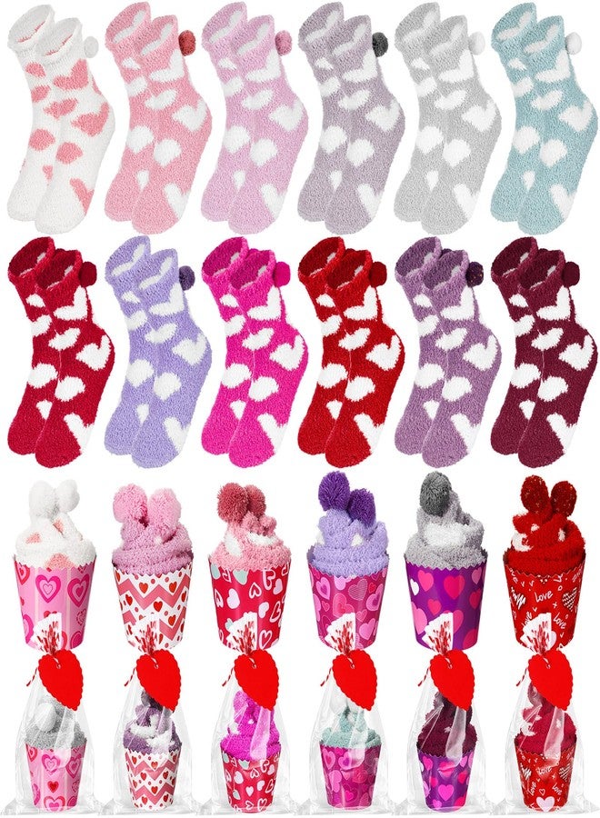 ShinyMatch 12 Pair Valentine's Day Cupcake Socks Fuzzy Socks Gift with Cupcake Card Cute DIY Present for Women Men(Classic) - Image 1